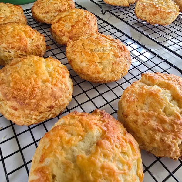 Freshly baked cheese scones cooling on a rack